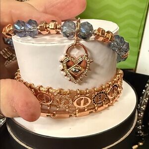 Rose Gold Heart Padlock Charm Bracelet with Faceted Blue Beads